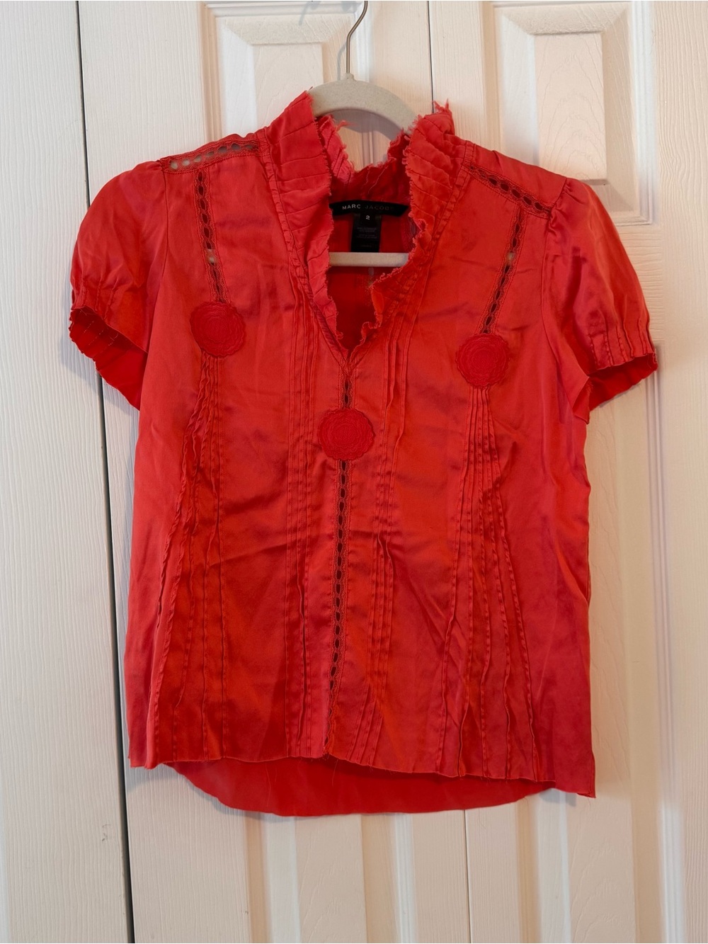 Marc Jacobs Bright Red Short-Sleeve Ruffled Collar Blouse